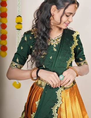 Beautiful South Indian Style Semi-Stitched Half Saree with Embroidered Blouse and Rangoli Dupatta for Women 4