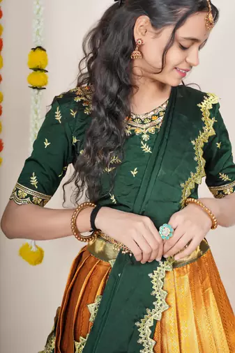 Beautiful South Indian Style Semi-Stitched Half Saree with Embroidered Blouse and Rangoli Dupatta for Women