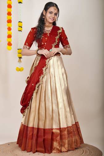 Beautiful South Indian Style Semi-Stitched Half Saree with Embroidered Blouse and Rangoli Dupatta for Women
