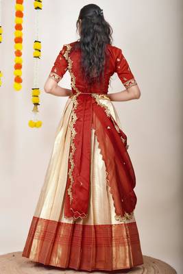 Beautiful South Indian Style Semi-Stitched Half Saree with Embroidered Blouse and Rangoli Dupatta for Women 2