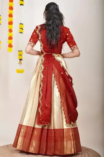 Beautiful South Indian Style Semi-Stitched Half Saree with Embroidered Blouse and Rangoli Dupatta for Women