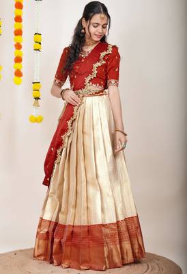 Beautiful South Indian Style Semi-Stitched Half Saree with Embroidered Blouse and Rangoli Dupatta for Women 3