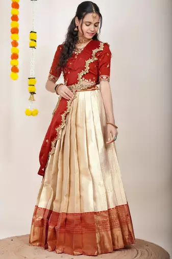 Beautiful South Indian Style Semi-Stitched Half Saree with Embroidered Blouse and Rangoli Dupatta for Women