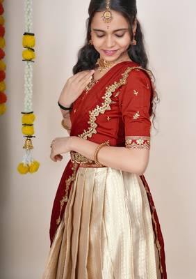 Beautiful South Indian Style Semi-Stitched Half Saree with Embroidered Blouse and Rangoli Dupatta for Women 4