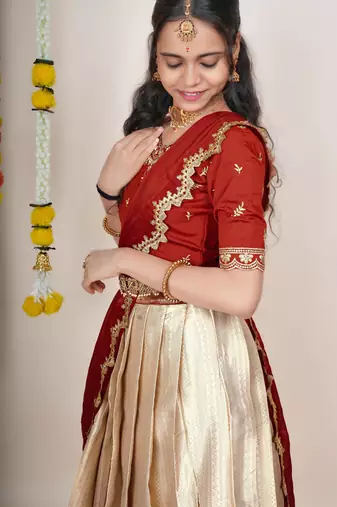 Beautiful South Indian Style Semi-Stitched Half Saree with Embroidered Blouse and Rangoli Dupatta for Women
