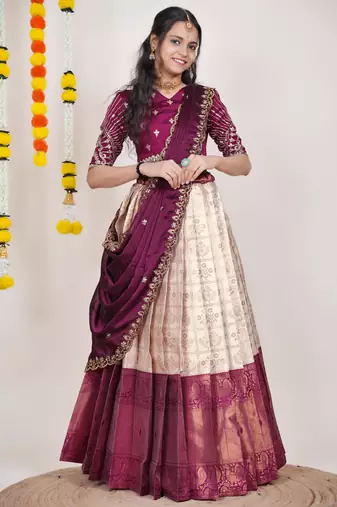 Beautiful South Indian Style Semi-Stitched Half Saree with Embroidered Blouse and Rangoli Dupatta for Women