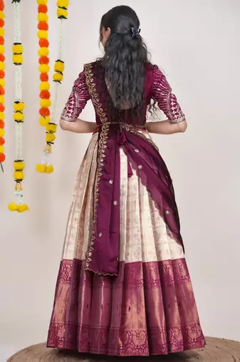 Beautiful South Indian Style Semi-Stitched Half Saree with Embroidered Blouse and Rangoli Dupatta for Women