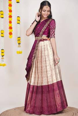 Beautiful South Indian Style Semi-Stitched Half Saree with Embroidered Blouse and Rangoli Dupatta for Women 3