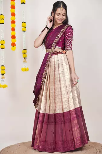 Beautiful South Indian Style Semi-Stitched Half Saree with Embroidered Blouse and Rangoli Dupatta for Women