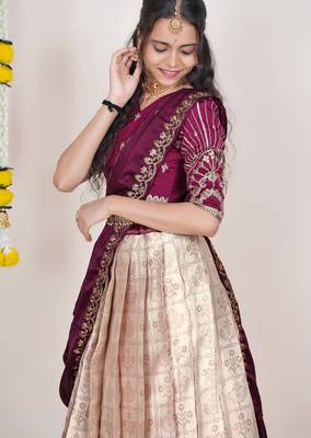 Beautiful South Indian Style Semi-Stitched Half Saree with Embroidered Blouse and Rangoli Dupatta for Women 4
