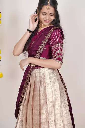 Beautiful South Indian Style Semi-Stitched Half Saree with Embroidered Blouse and Rangoli Dupatta for Women