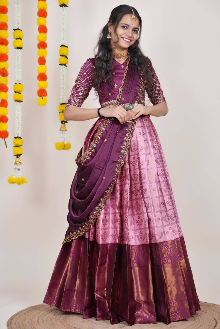 Beautiful South Indian Style Semi-Stitched Half Saree with Embroidered Blouse and Rangoli Dupatta for Women
