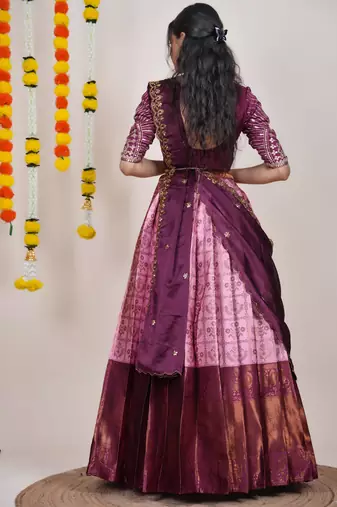 Beautiful South Indian Style Semi-Stitched Half Saree with Embroidered Blouse and Rangoli Dupatta for Women