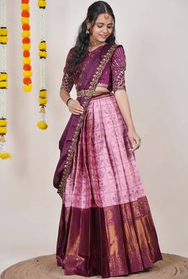 Beautiful South Indian Style Semi-Stitched Half Saree with Embroidered Blouse and Rangoli Dupatta for Women 3