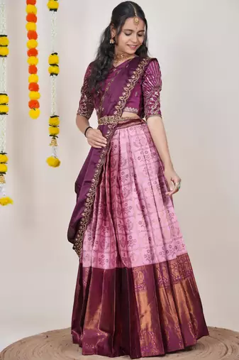 Beautiful South Indian Style Semi-Stitched Half Saree with Embroidered Blouse and Rangoli Dupatta for Women