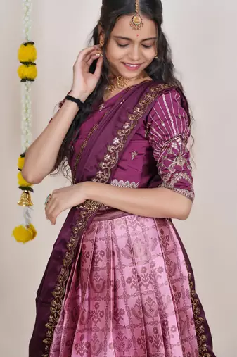 Beautiful South Indian Style Semi-Stitched Half Saree with Embroidered Blouse and Rangoli Dupatta for Women