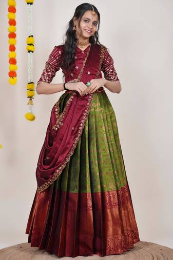 Beautiful South Indian Style Semi-Stitched Half Saree with Embroidered Blouse and Rangoli Dupatta for Women