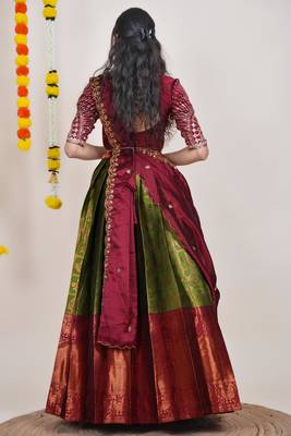 Beautiful South Indian Style Semi-Stitched Half Saree with Embroidered Blouse and Rangoli Dupatta for Women 2