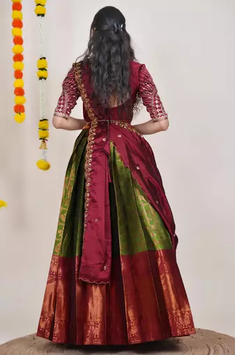 Beautiful South Indian Style Semi-Stitched Half Saree with Embroidered Blouse and Rangoli Dupatta for Women