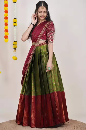 Beautiful South Indian Style Semi-Stitched Half Saree with Embroidered Blouse and Rangoli Dupatta for Women