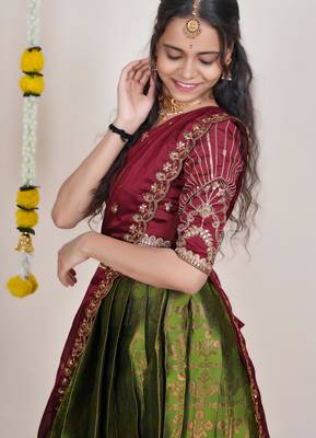 Beautiful South Indian Style Semi-Stitched Half Saree with Embroidered Blouse and Rangoli Dupatta for Women 4
