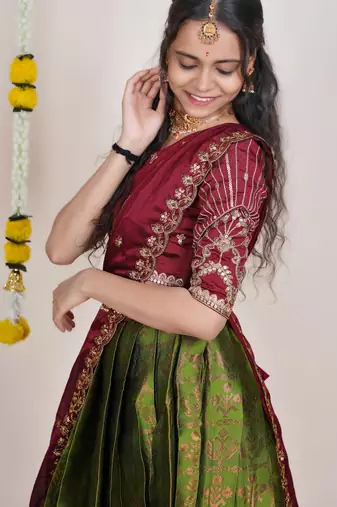 Beautiful South Indian Style Semi-Stitched Half Saree with Embroidered Blouse and Rangoli Dupatta for Women