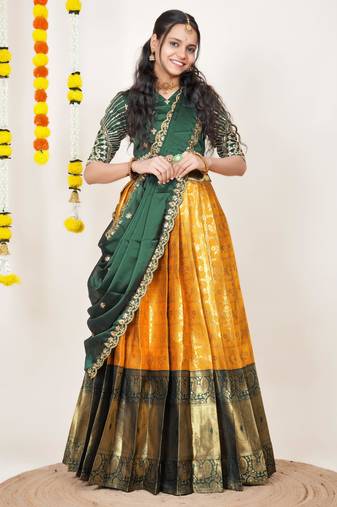 Beautiful South Indian Style Semi-Stitched Half Saree with Embroidered Blouse and Rangoli Dupatta for Women