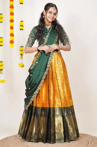 Beautiful South Indian Style Semi-Stitched Half Saree with Embroidered Blouse and Rangoli Dupatta for Women