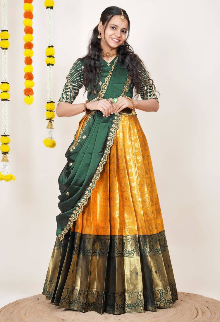 Beautiful South Indian Style Semi-Stitched Half Saree with Embroidered Blouse and Rangoli Dupatta for Women