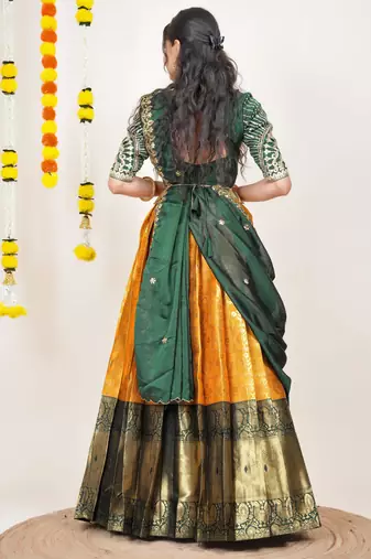 Beautiful South Indian Style Semi-Stitched Half Saree with Embroidered Blouse and Rangoli Dupatta for Women