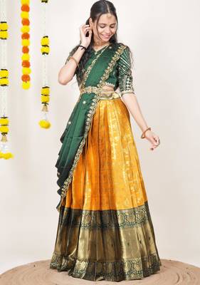 Beautiful South Indian Style Semi-Stitched Half Saree with Embroidered Blouse and Rangoli Dupatta for Women 3