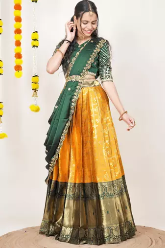Beautiful South Indian Style Semi-Stitched Half Saree with Embroidered Blouse and Rangoli Dupatta for Women