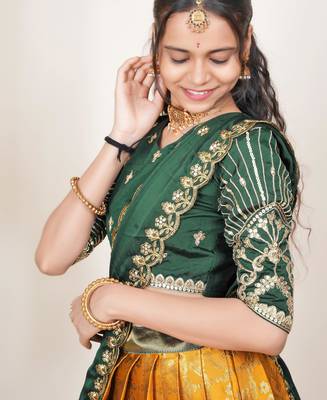 Beautiful South Indian Style Semi-Stitched Half Saree with Embroidered Blouse and Rangoli Dupatta for Women 4