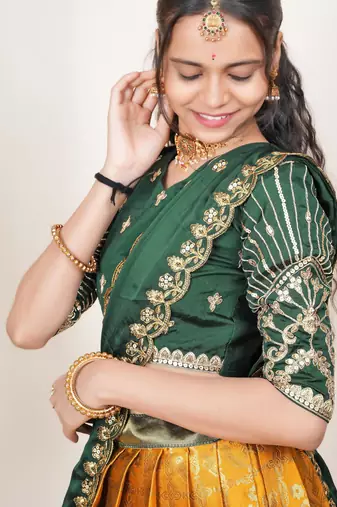 Beautiful South Indian Style Semi-Stitched Half Saree with Embroidered Blouse and Rangoli Dupatta for Women