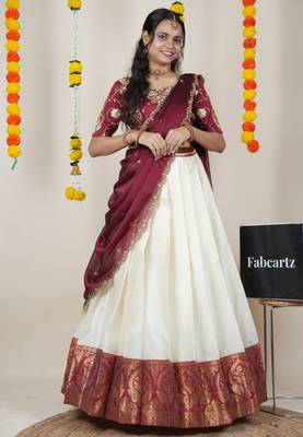 Beautiful South Indian Style Semi-Stitched Half Saree with Embroidered Blouse and Rangoli Dupatta for Women 1