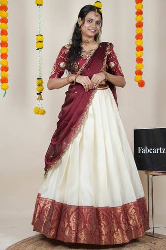 Beautiful South Indian Style Semi-Stitched Half Saree with Embroidered Blouse and Rangoli Dupatta for Women