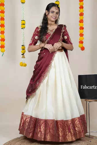 Beautiful South Indian Style Semi-Stitched Half Saree with Embroidered Blouse and Rangoli Dupatta for Women