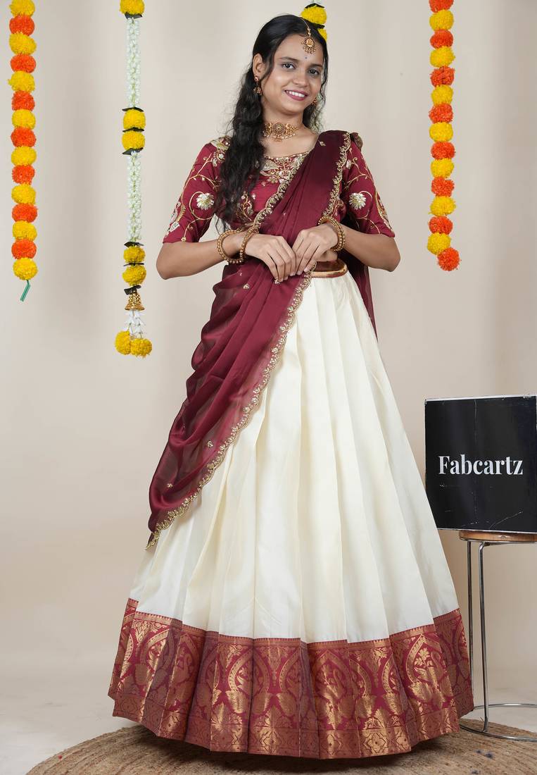 Beautiful South Indian Style Semi-Stitched Half Saree with Embroidered Blouse and Rangoli Dupatta for Women