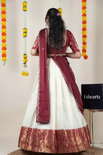 Beautiful South Indian Style Semi-Stitched Half Saree with Embroidered Blouse and Rangoli Dupatta for Women