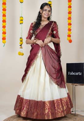 Beautiful South Indian Style Semi-Stitched Half Saree with Embroidered Blouse and Rangoli Dupatta for Women 3