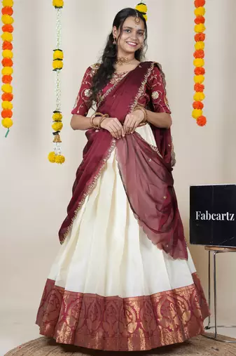 Beautiful South Indian Style Semi-Stitched Half Saree with Embroidered Blouse and Rangoli Dupatta for Women