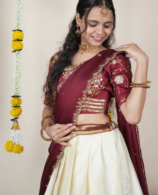 Beautiful South Indian Style Semi-Stitched Half Saree with Embroidered Blouse and Rangoli Dupatta for Women 4