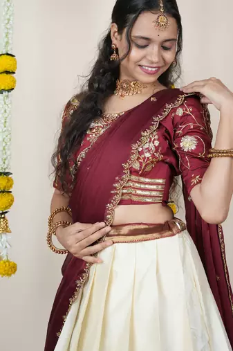 Beautiful South Indian Style Semi-Stitched Half Saree with Embroidered Blouse and Rangoli Dupatta for Women