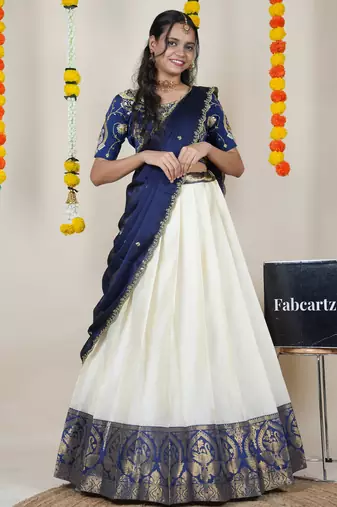 Beautiful South Indian Style Semi-Stitched Half Saree with Embroidered Blouse and Rangoli Dupatta for Women