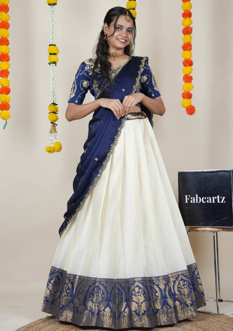 Beautiful South Indian Style Semi-Stitched Half Saree with Embroidered Blouse and Rangoli Dupatta for Women