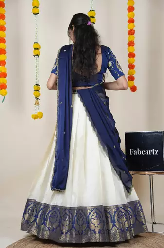 Beautiful South Indian Style Semi-Stitched Half Saree with Embroidered Blouse and Rangoli Dupatta for Women