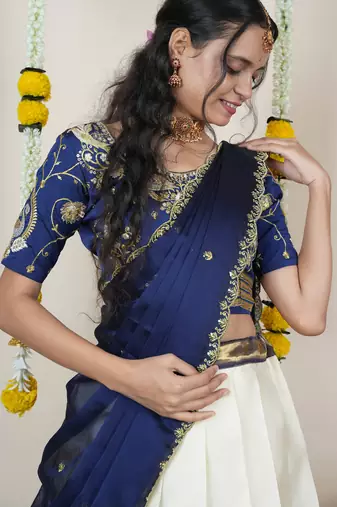 Beautiful South Indian Style Semi-Stitched Half Saree with Embroidered Blouse and Rangoli Dupatta for Women