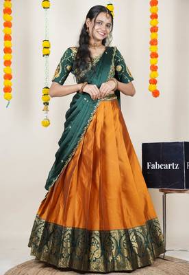 Beautiful South Indian Style Semi-Stitched Half Saree with Embroidered Blouse and Rangoli Dupatta for Women 1