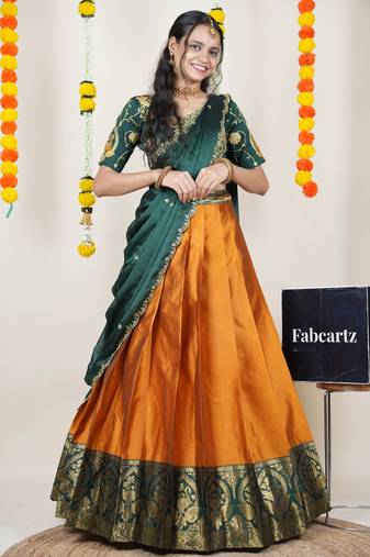Beautiful South Indian Style Semi-Stitched Half Saree with Embroidered Blouse and Rangoli Dupatta for Women