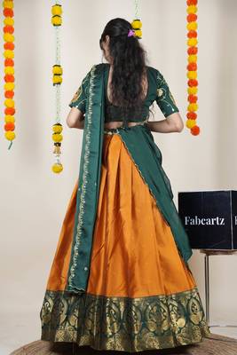 Beautiful South Indian Style Semi-Stitched Half Saree with Embroidered Blouse and Rangoli Dupatta for Women 2